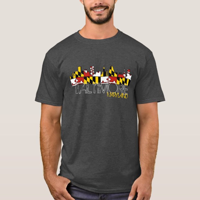 Baltimore Maryland flag skyline dark tshirt (Front)