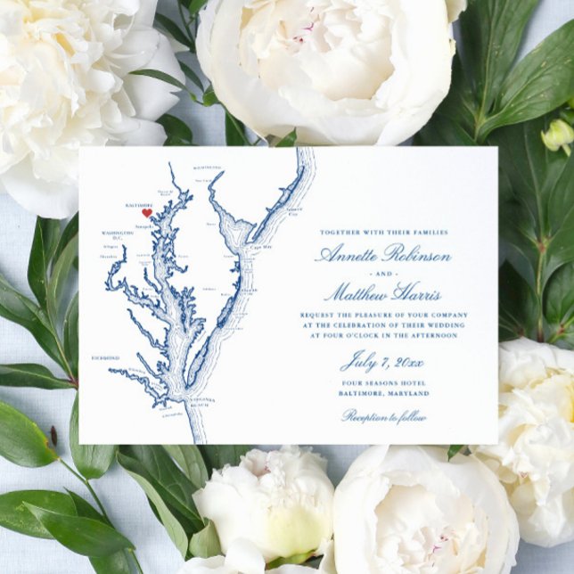 Baltimore Maryland Map Elegant Navy Blue Wedding Invitation (Elegant Baltimore Maryland map wedding invitation with navy blue map of the Chesapeake Bay)