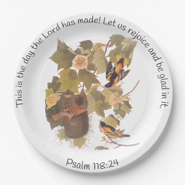 Baltimore Oriole Audubon Birds in Poplar Tree Paper Plate (Front)