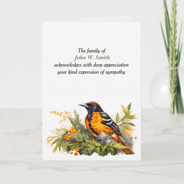 Baltimore Oriole Sympathy Thank You from Family Card (Front)