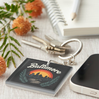 Baltimore Retro Skyline with Sunset  Key Ring