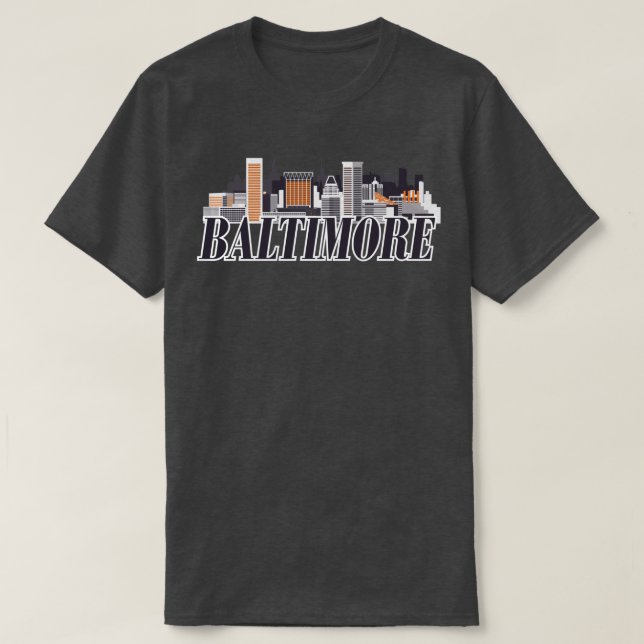 Baltimore Skyline Text Orange Black T-Shirt (Design Front)