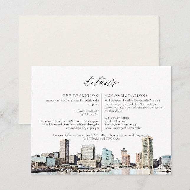 BALTIMORE Watercolor Skyline Travel Details Card (Front/Back)