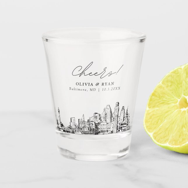 Baltimore Wedding Favour Personalised Cheers Shot Glass (Front)