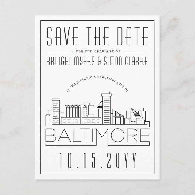 Baltimore Wedding | Stylised Skyline Save the Date Postcard (Front)