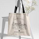 Baltimore Wedding | Stylised Skyline Tote Bag<br><div class="desc">A unique wedding tote bag for a wedding taking place in the beautiful emerald city of Baltimore. This tote features a stylised illustration of the city's unique skyline with its name underneath. This is followed by your wedding day information in a matching open-lined style. This item is part of a...</div>