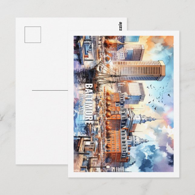 Baltymore Maryland USA Famous Place watercolor Postcard (Front/Back)