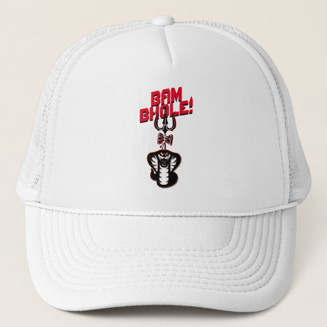 "BAM BHOLE" LORD SHIVA'S NAAG AND TRISHUL TRUCKER HAT (Front)
