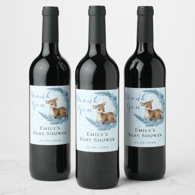 Bambi & Flowers Pastel Blue Boy Baby Shower  Wine Label (Bottles)