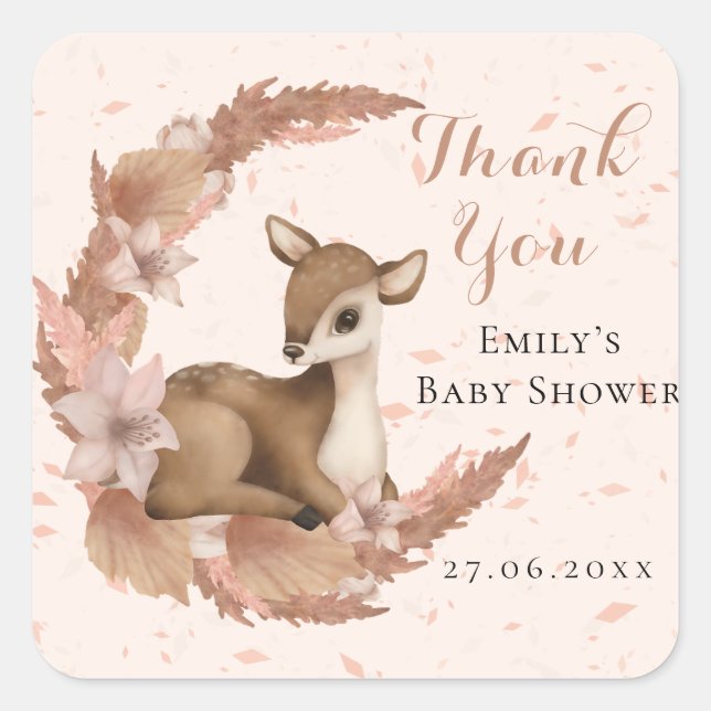 Bambi & Flowers Pastel Pink Baby Shower Thank You Square Sticker (Front)