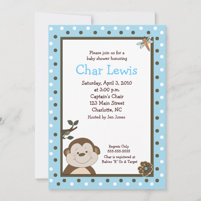 Bambino Monkey Blue 5x7 Baby Shower Invitation (Front)