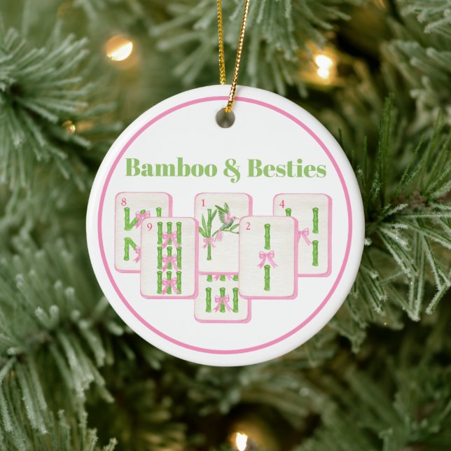 Bamboo & Besties Mahjong Pink & Green Tiles Bows Ceramic Ornament (Tree)