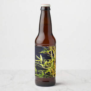 Bamboo Foliage Tropical Art On Black Beer Bottle Label