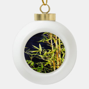 Bamboo Foliage Tropical Art On Black Ceramic Ball Christmas Ornament