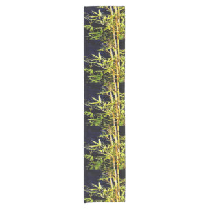 Bamboo Foliage Tropical Art On Black Short Table Runner
