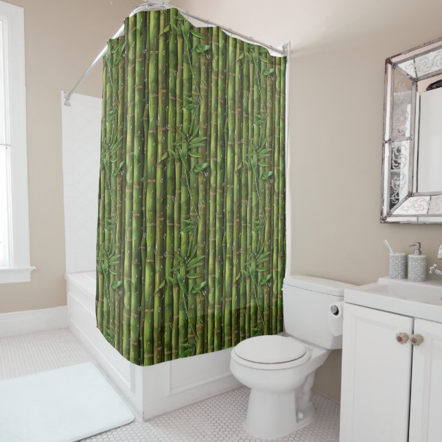 Bamboo Forest Dew Drops Bamboo Modern Texture Shower Curtain (In Situ)