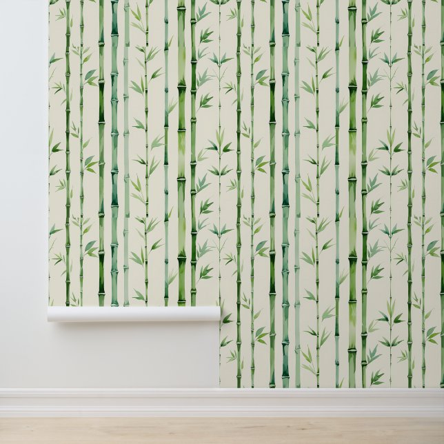 Bamboo Forest Green Leaves Watercolor Removable Wallpaper (Application)
