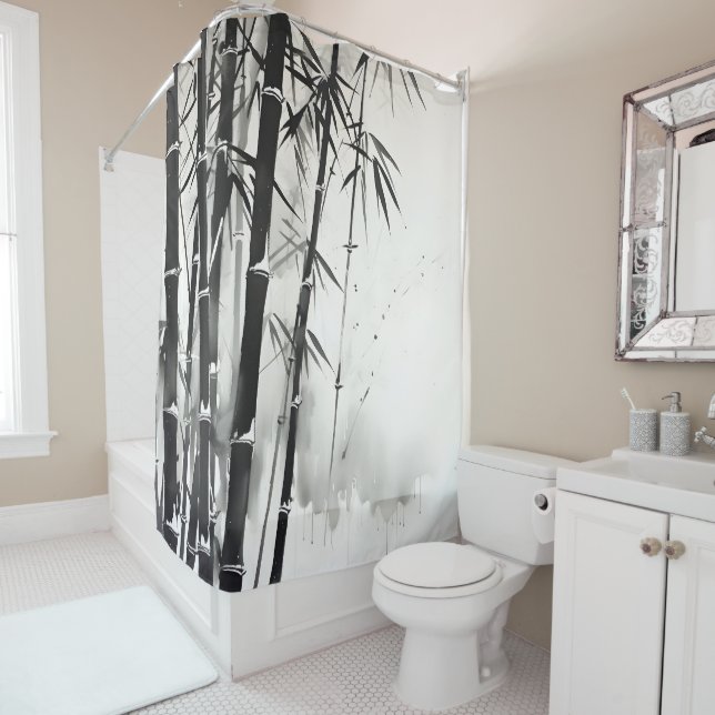 Bamboo Forest Ink Painting Shower Curtain (In Situ)