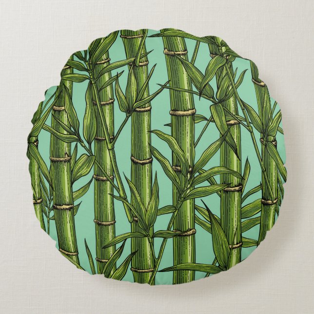 Bamboo forest on light blue round cushion (Front)