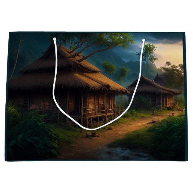 Bamboo Hut In The Village Decoupage Large Gift Bag (Front)