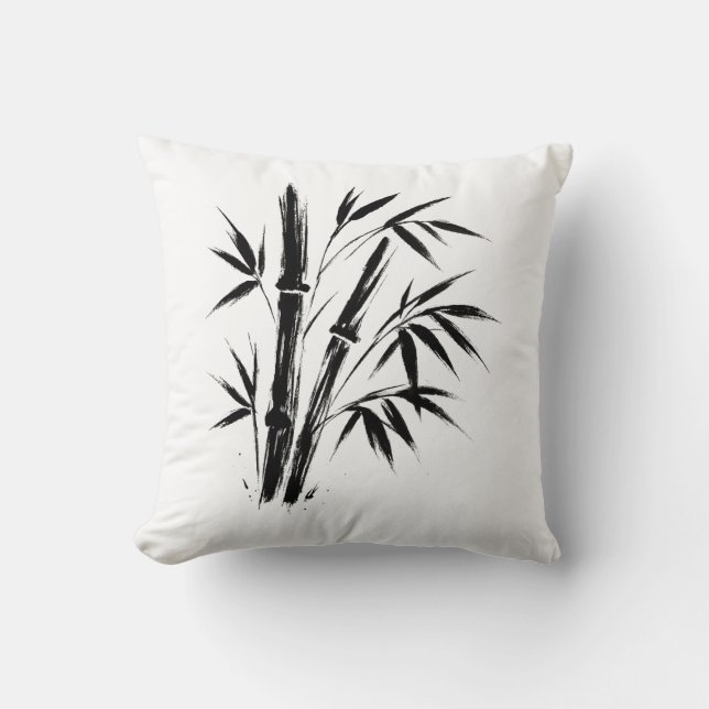 Bamboo Ink Illustration – Minimalist Zen Cushion (Front)