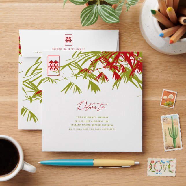 Bamboo Leaves Double Happiness Chinese Wedding Envelope (Desk)
