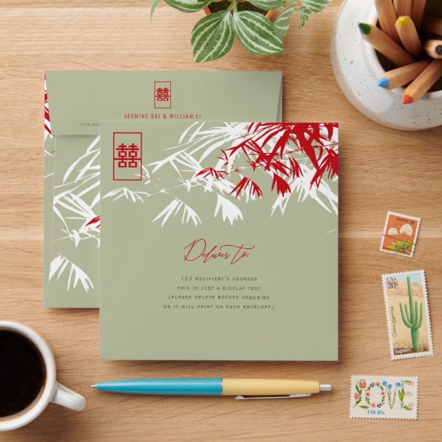 Bamboo Leaves Double Happiness Chinese Wedding Envelopes (Desk)