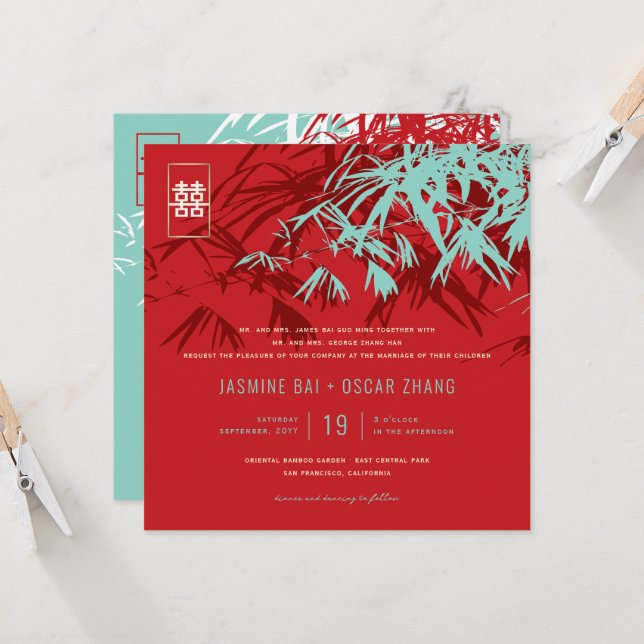 Bamboo Leaves Double Happiness Chinese Wedding Invitation (Front/Back In Situ)