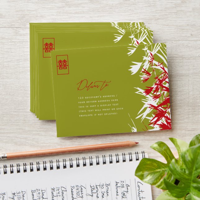 Bamboo Leaves Double Happiness Wedding Envelope (Stacked)