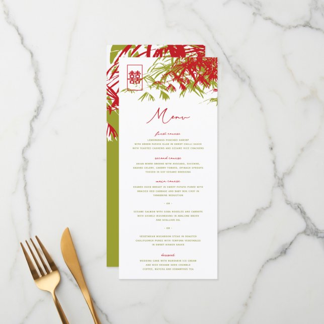 Bamboo Leaves Double Happiness Wedding Menu Card (Front/Back In Situ)