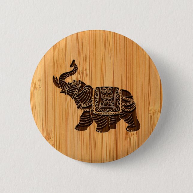 Bamboo Look & Engraved Retro Thai Elephant 6 Cm Round Badge (Front)