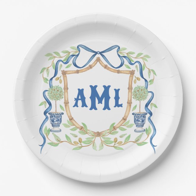 Bamboo & Olive Topiary Crest | Monogram Paper Plate (Front)