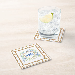 Bamboo & Olive Topiary Crest   Monogram Square Paper Coaster