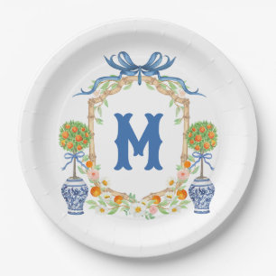 Bamboo & Orange Topiary Crest   1-Letter Monogram Paper Plate