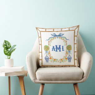 Bamboo & Orange Topiary Crest 3-Letter Monogram Cushion