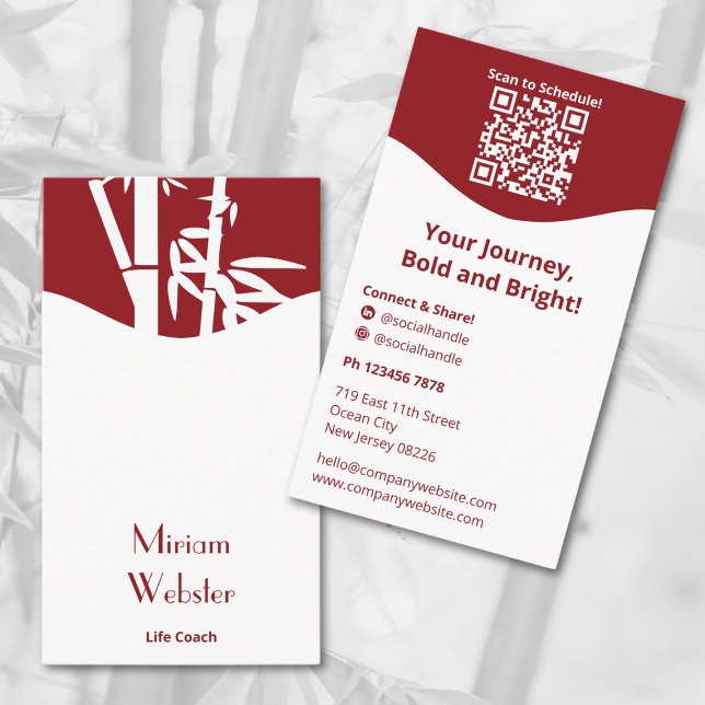  Bamboo Red White Life Coach Portrait Personal Business Card (Bamboo Red White Life Coach Portrait Personal Business Card, QR code, Tagline, Connect)