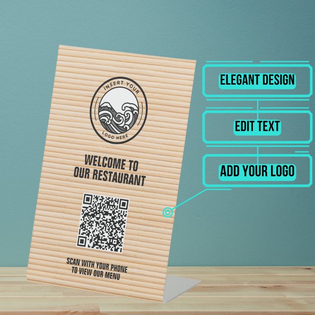 Bamboo Restaurant Menu QR Code Pedestal Sign (This QR Code placard table pedestal sign can be placed anywhere & scanned by your customers.)
