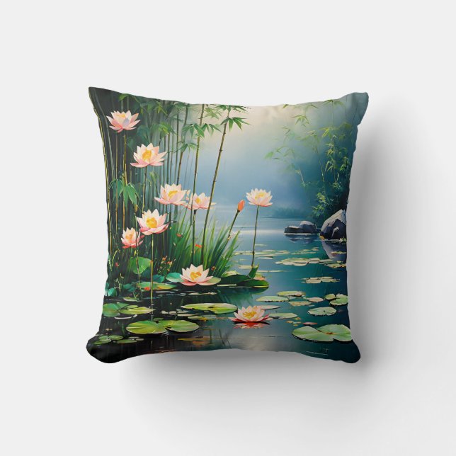 Bamboo stalks and lotus flowers cushion (Front)