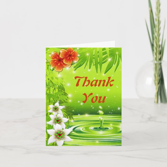 Bamboo, Water and Tropical Flowers Thank You Card (Front)
