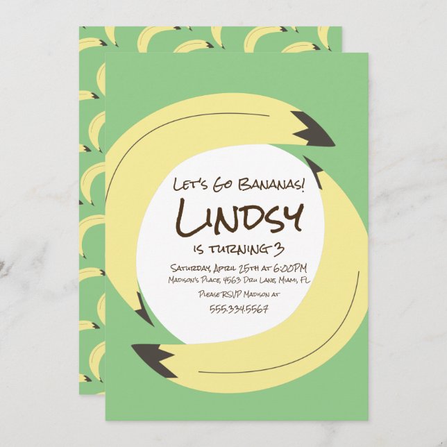 Banana Birthday Party  Green Yellow Invitation (Front/Back)