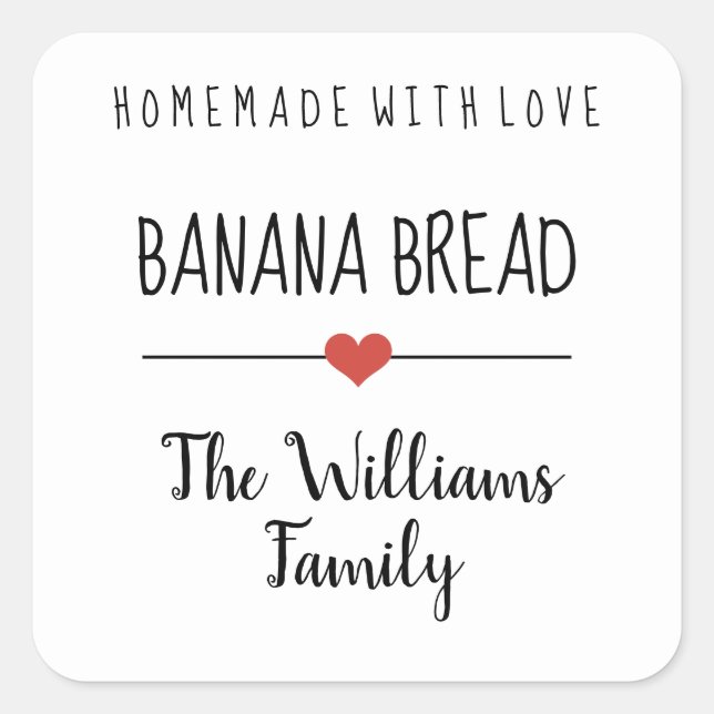 banana bread homemade with love simple white square sticker (Front)