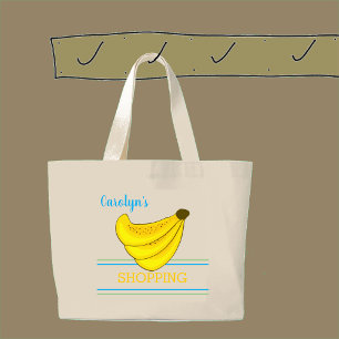 Banana bunch, stripes, your name, shopping large tote bag