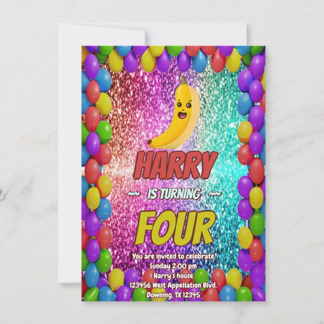Banana cartoon birthday invite for kids (Front)