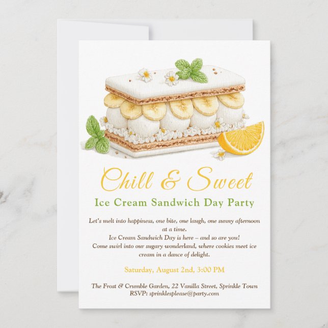 Banana Ice Cream Sandwich Day Watercolor  Invitation (Front)