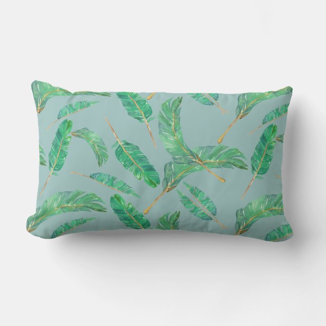 Banana Leaf Blue Green Tropical Leaves Pattern Lumbar Cushion (Front)