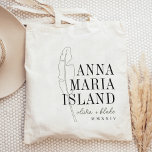 Banana Leaf Destination Wedding Welcome Tote Bag<br><div class="desc">Welcome guests to your destination wedding with these chic and modern personalised tote bags. Design features a dark green tropical banana leaf illustration with your wedding destination aligned at the right (shown with Anna Maria Island) in classic serif lettering. Add your names beneath in handwritten cursive script, as well as...</div>