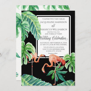 Banana Leaf Watercolor Pink Flamingo Beach Art Invitation