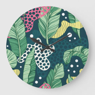 Banana leaves abstract, trendy colours large clock