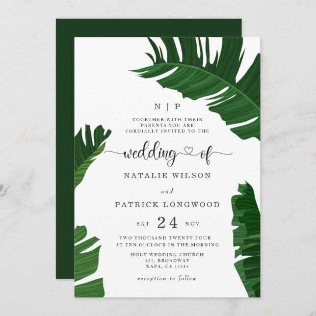 Banana Leaves Monogrammed Tropical Wedding Invitation (Front/Back)