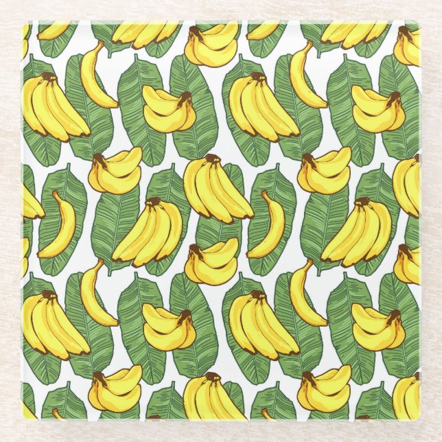 Banana Leaves: Tropical Fruit Pattern Glass Coaster (Front)